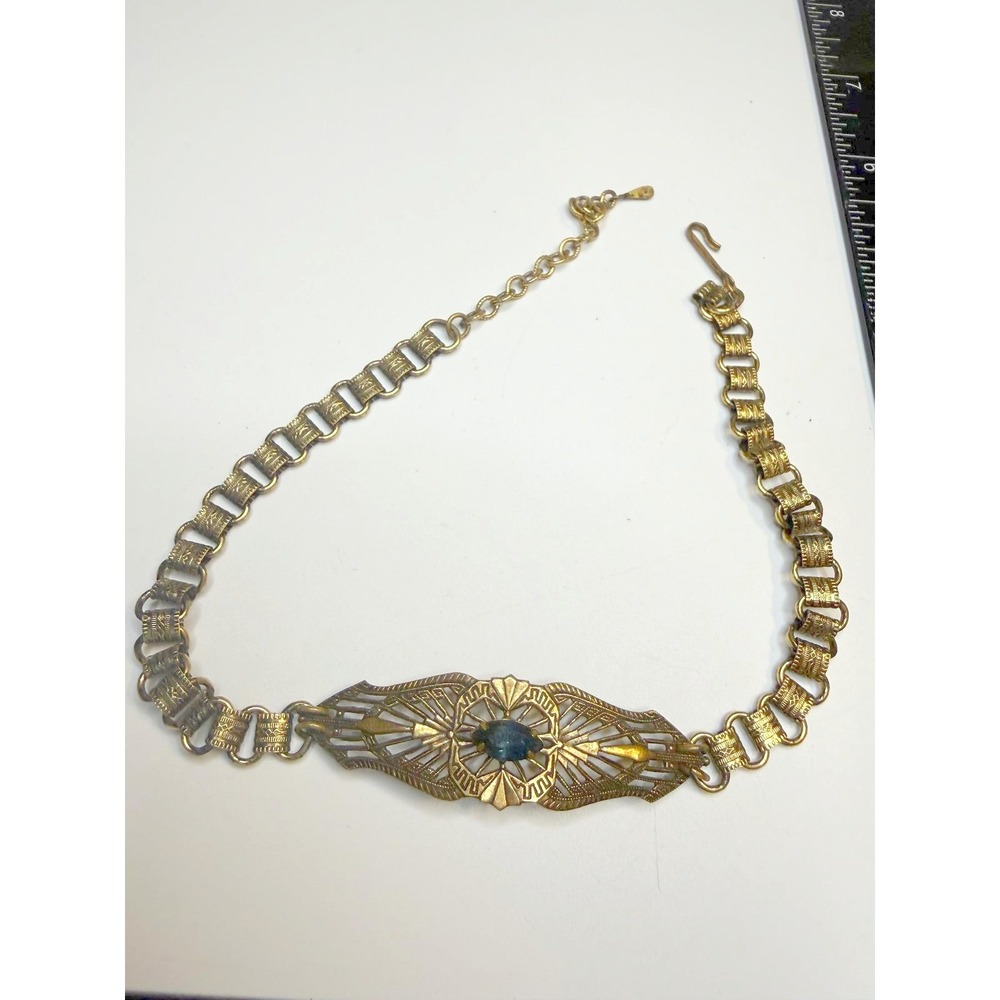Art Deco Filigree Choker Necklace Antique Gold Tone Blue Marquise Stone 15 Inch